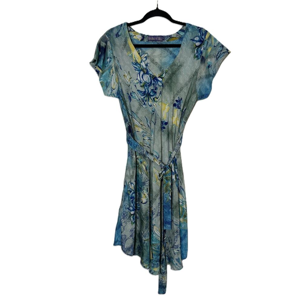 Indie Ella Women's BOHO Watercolor Floral Mini Dress Size M Asymmetrical Hem